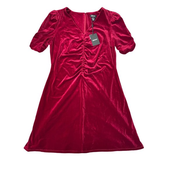 DKNY Womens Red Ruched Zippered Velvet Pouf Sleeve V Neck Dress 16 NWT - Picture 4 of 13